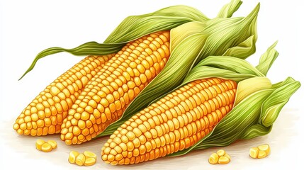  Fresh corn cobs with husks intact, showcasing vibrant yellow kernels. A perfect representation of garden-fresh produce ready for harvest or cooking.