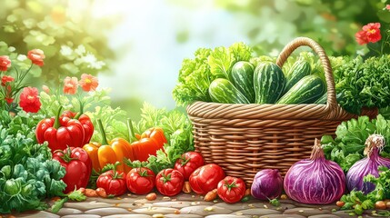  Lush garden filled with vibrant vegetables like cucumbers, tomatoes, and peppers, with a basket of freshly picked produce in a sunny, green environment.