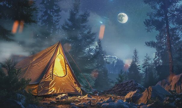 Campifire with tent in the night 