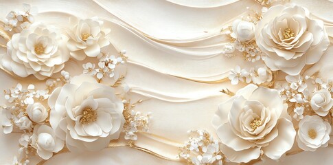 White and gold flowers on a cream background.