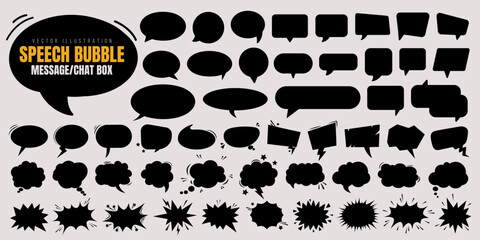 Set of speech bubble, comic sticker, chat box and empty social media message balloon silhouette or communication network symbol in doodle cartoon style. Information, idea, quote or fun dialogue frame.