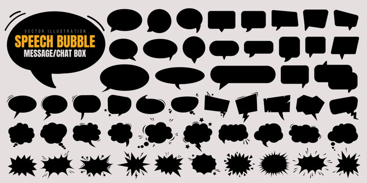 Set of speech bubble, comic sticker, chat box and empty social media message balloon silhouette or communication network symbol in doodle cartoon style. Information, idea, quote or fun dialogue frame.