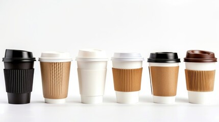 collection of coffee cups to go cups on white background.