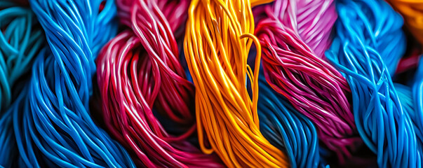 A vibrant close-up of intertwined colorful wires in blue, pink, and orange, showcasing their glossy texture and dynamic arrangement in a captivating display.