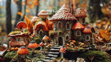 Fototapeta premium Miniature Mushroom House Fairy Tale Fantasy Forest