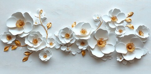 White flowers with gold accents on a textured white background.