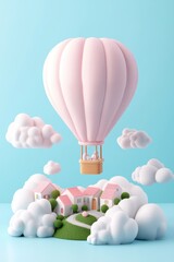 A pastel 3D clay-style hot air balloon gently floats above a tiny