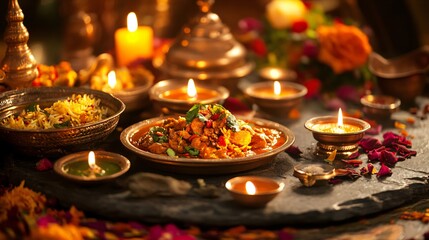 Fototapeta premium Indian food and candles on a dark background with petals.