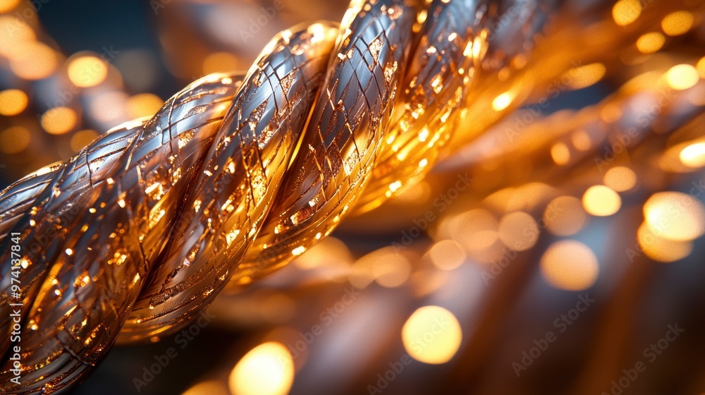 Poster a stunning close-up of intertwined metallic wires, illuminated by warm bokeh lights, showcasing intr
