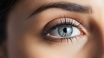 Obraz premium Close up of a human eye with blue iris on light background reflecting beauty and intricate detail