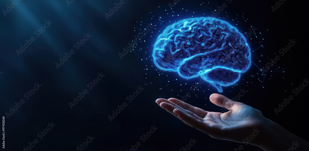 Poster digital brain hologram floating above hand