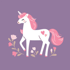 Hand drawn vector cute unicorn with flowers. Perfect for tee-shirt logo, greeting card, sticker, clip art or nursery decor. EPS10 vector file.