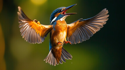 Fototapeta premium A brightly colored kingfisher in flight, with wide-open wings, displaying an elegant form and vibrant shades of orange and blue feathers