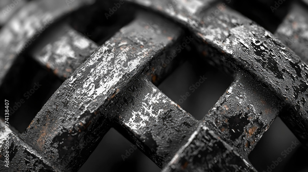 Poster a detailed close-up of a textured, weathered metal surface, showcasing rust and moisture, highlighti