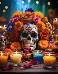 Fototapeta premium Colorful Day of the Dead Altar with Candles and Flowers. Sugar Skulls and Marigolds on Day of the Dead Altar