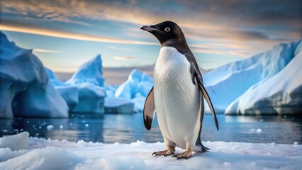 Fototapeta premium A curious adult Adelie penguin stands upright on Antarctic ice, its distinctive white eye patches and feathers glistening in the bright, snowy winter landscape.