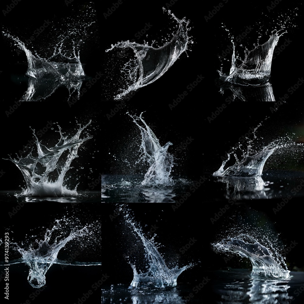 Poster water splashes are captured against a black background. the movement of the water creates various sh