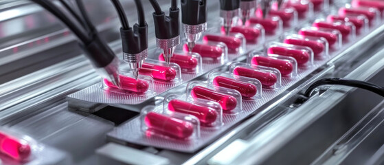 A machine is making pills with a red color. The pills are in a tray and are being made by a machine