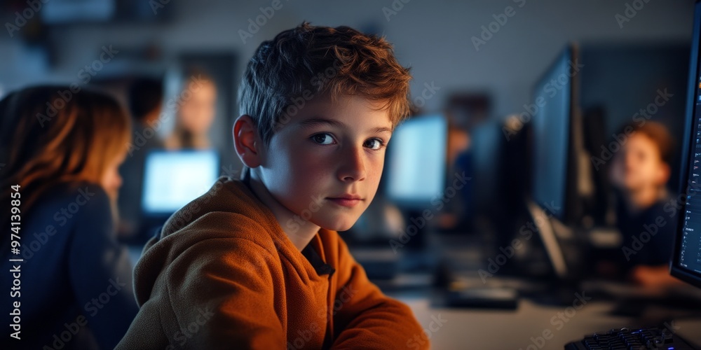 Poster a focused young boy sits in front of a computer in a dimly lit room. his expression shows curiosity 