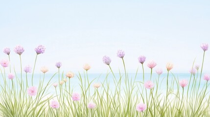 A peaceful scene featuring colorful flowers swaying gently in the breeze by the serene waterside under a clear sky.