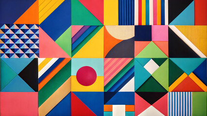 Vibrant geometric abstract composition featuring diverse shapes and colors for modern design