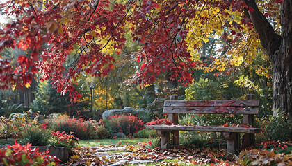 A Serene Fall Garden with Red and Yellow Leaves Over a Rustic Wooden Bench
