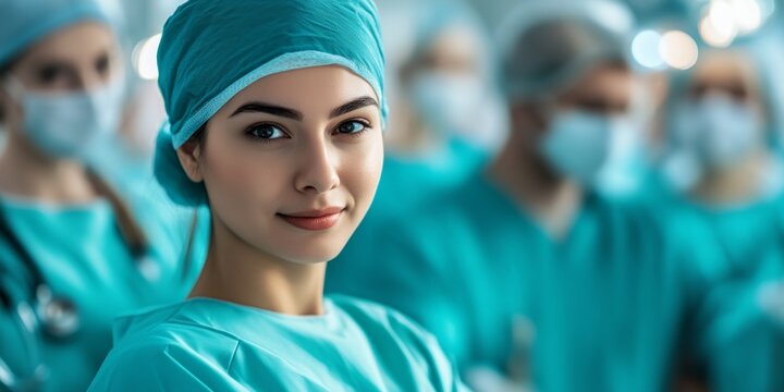 A confident female surgeon stands out with her focused gaze amid a team of medical professionals. The image conveys the seriousness of healthcare work in bright surgical attire. AI
