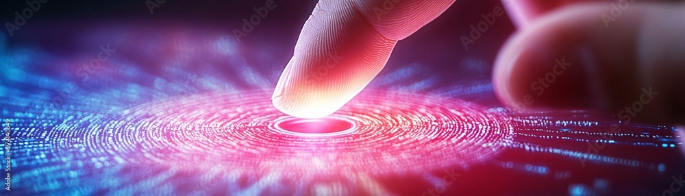 Poster a close-up of a finger touching a glowing digital interface, representing technology, connection, an