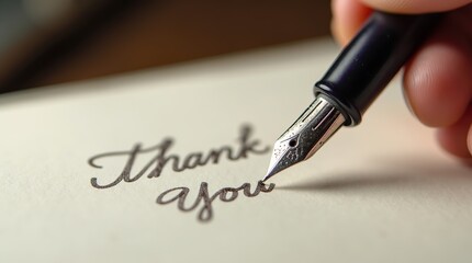 Close-up of fountain pen writing thank you on paper