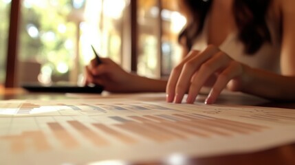 Fototapeta premium Close-up of hands analyzing data charts on a desk in a sunlit office, with soft focus on the background.