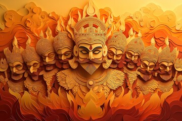 Paper Cutting Artwork of Ravana Effigy with Ten Heads Ablaze During Dussehra Festival Celebration