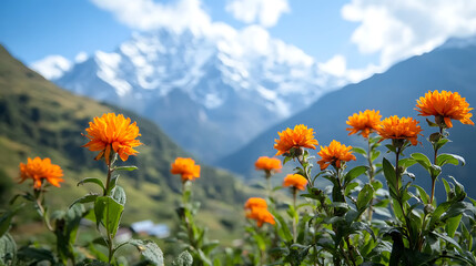 Obraz premium A close-up of vibrant flowers from a medicinal plant native to the Himalayas, set against a backdrop of snow-capped mountains 