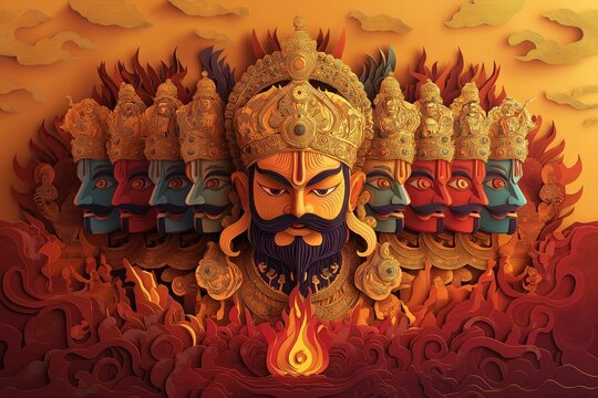 Paper Cutting Artwork of Ravana Effigy with Ten Heads Ablaze During Dussehra Festival Celebration