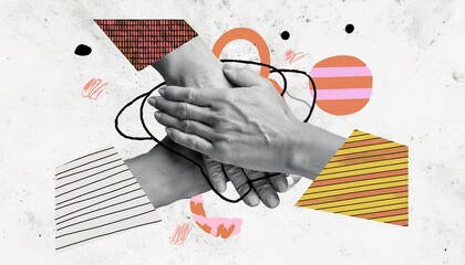 Collaborative hands in a vibrant abstract art collage