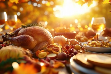A warm and inviting autumn feast showcasing a roasted turkey surrounded by colorful seasonal foods and glowing sunlight.
