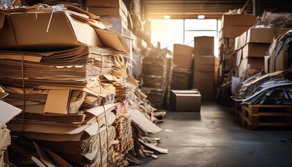 Obraz premium Stacks of paper waste in warehouse for recycling or upcycling