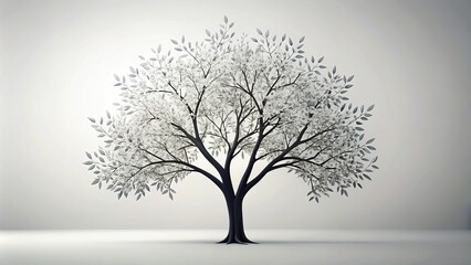 A serene minimalist background featuring a stylized solitary tree with bold black branches and delicate white leaves set against a crisp white background.