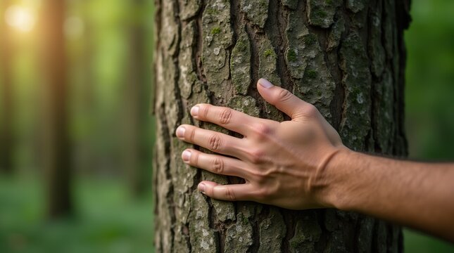 Hand touching tree trunk in forest promoting environmental care