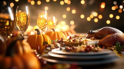 Festive Thanksgiving table setting with roasted turkey, pumpkins, and sparkling drinks under warm lights.