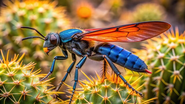 A solitary male tarantula hawk wasp, with its striking blue-black body and vibrant orange wings, perches on a desert cactus, scanning for prey in the arid landscape.