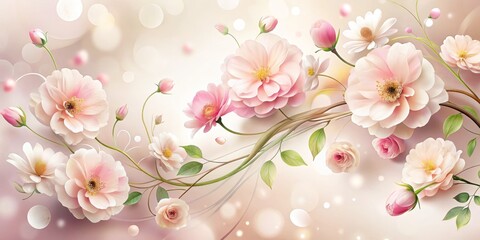 Fototapeta premium Delicate petals of soft pink flowers swirl against a creamy white background, creating a whimsical and dreamy floral