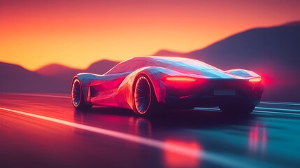 Futuristic Low Poly Electric Car Speeding on Abstract Road Landscape