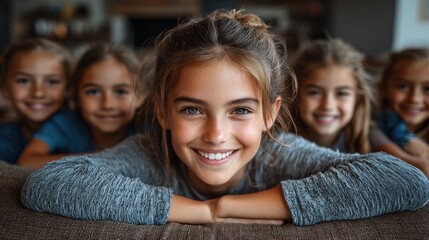 Fototapeta premium Happy group of girls posing together at home during the day, smiling and enjoying their time together