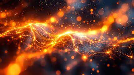 Fototapeta premium A mesmerizing visualization of electric current, featuring glowing orange sparks and intricate blue lines against a dark background, illustrating energy in motion.