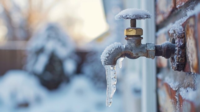 A frozen outdoor faucet covered in ice and snow during a chilly winter day in a residential neighborhood