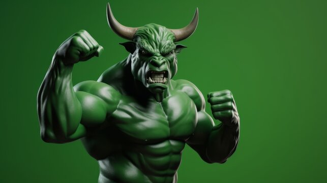 A powerful green humanoid figure flexes muscles in an aggressive pose against a vibrant green background