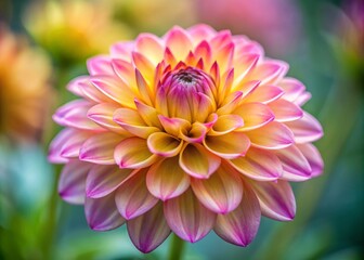 Delicate pink and yellow petals unfolding from tender green bud, revealing intricate layers and velvety texture,