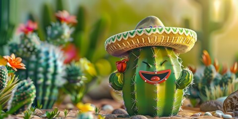 Cute Cactus wear a Mexican hat in Cinco de Mayo Celebration