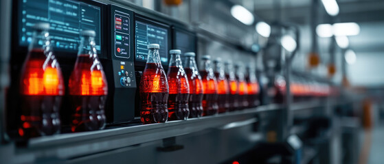 A row of bottles on a conveyor belt with a red light on them. The bottles are being made in a factory