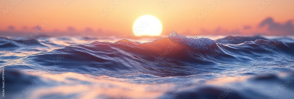 Poster close up of ocean waves with the sun setting in the background.